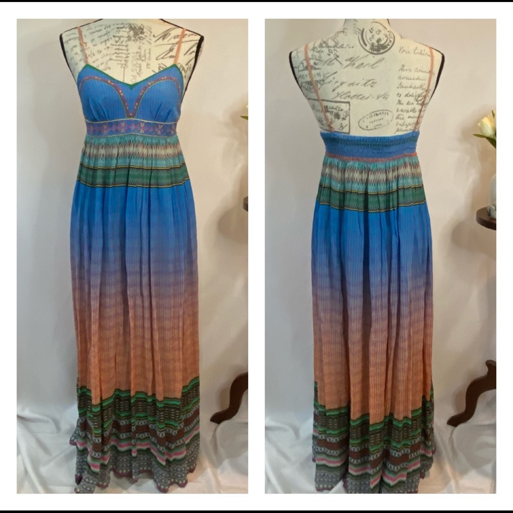 Anthropology Tanvi Kedia Embroidered Beaded Maxi Dress‎ Boho Geometric Bold Long